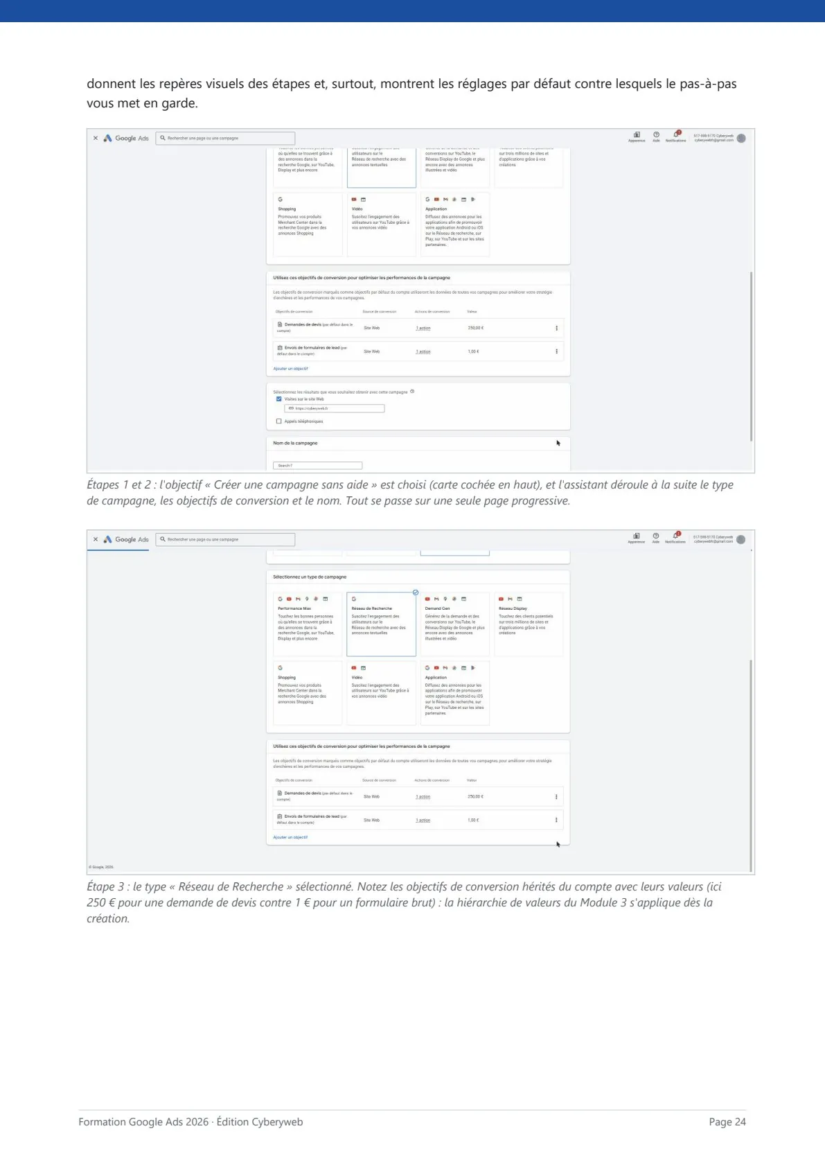 Captures d'écran réelles de l'assistant de création de campagne Google Ads