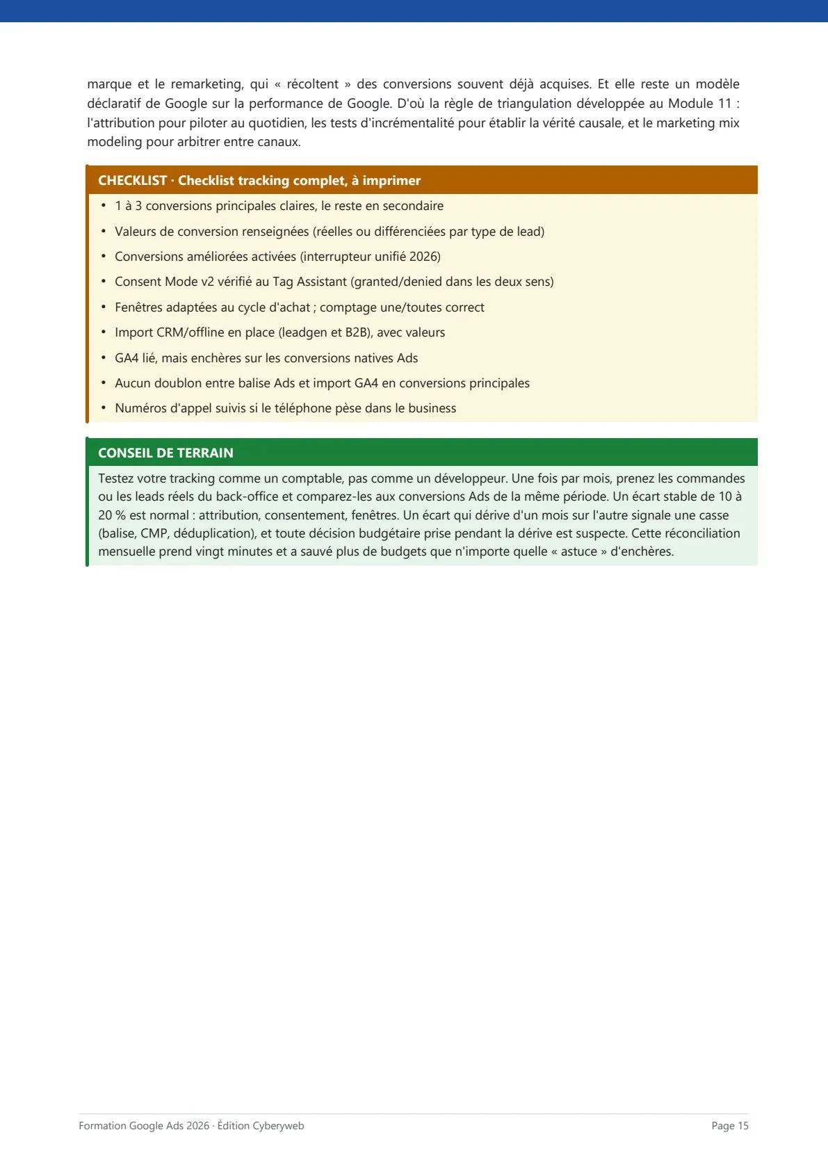 Page de contenu de la formation avec encadrés et études de cas